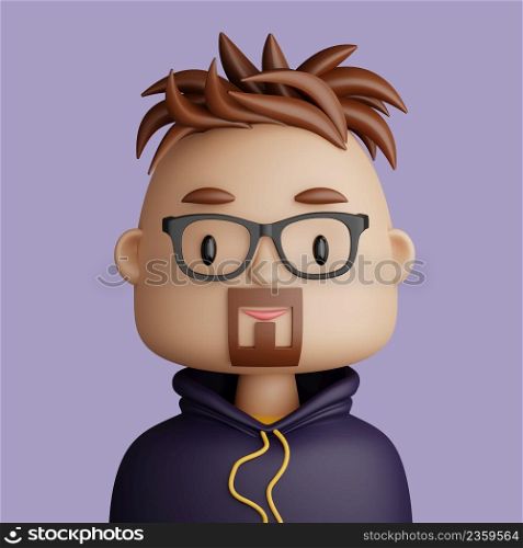 3D illustration of smiling caucasian man. Cartoon close up portrait of standing caucazian man with beard on a purple background. 3D Avatar for ui ux.