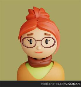 3D illustration of smiling caucasian woman. Cartoon close up portrait of standing caucasian woman on a green background. 3D Avatar for ui ux.