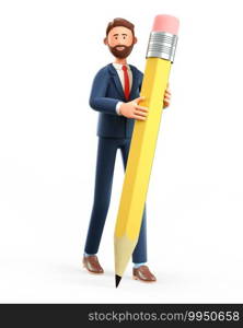 3D illustration of smiling creative man holding a big pencil and writing on the floor. Cute cartoon bearded businessman drawing with a giant pen, isolated on white background.