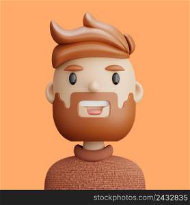 3D illustration of smiling man. Cartoon close up portrait of standing bearded man on a orange background. 3D Avatar for ui ux.