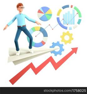 3D illustration of smiling man, successful investor flying on a huge paper airplane among business icons, charts, diagrams, infographic and rising arrow. Cartoon businessman reaching financial goals.