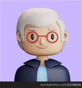 3D illustration of smiling mature man. Cartoon close up portrait of standing mature man with eyeglasses on a purple