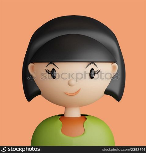 3D illustration of smiling pretty woman. Cartoon close up portrait of standing caucasian woman on a yellow background. 3D Avatar for ui ux.