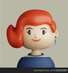 3D illustration of smiling red haired young woman. Cartoon close up portrait of standing caucasian woman on a gray background. 3D Avatar for ui ux.