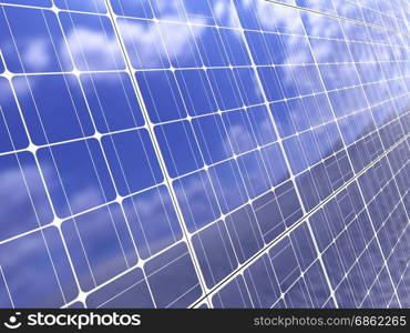 3d illustration of solar panel background, with blue sky reflection