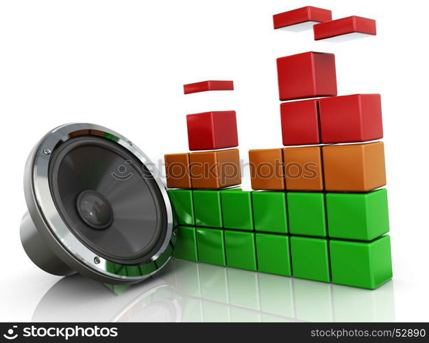 3d illustration of sound speaker with audio spectrum, over white background