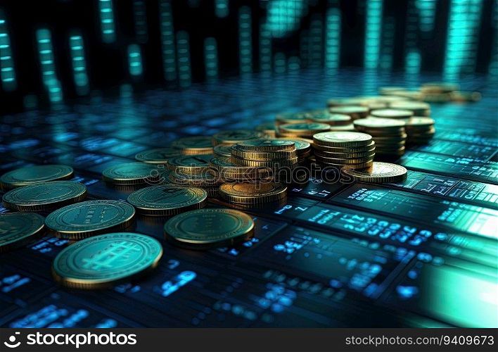 3d illustration of stack of golden coins over blue background with binary code