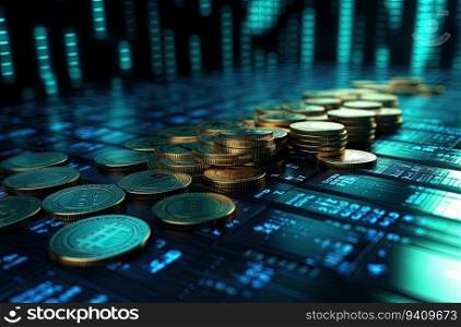 3d illustration of stack of golden coins over blue background with binary code