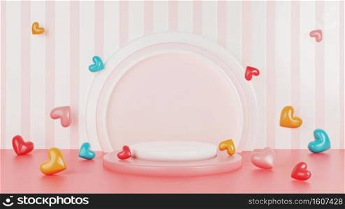 3D Illustration of stand display decorated with love heart balloons colorful for Valentine’s Day