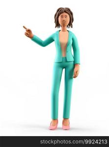 3D illustration of standing african american woman pointing finger at direction. Portrait of cartoon smiling elegant businesswoman in green suit, isolated on white background.
