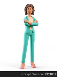 3D illustration of standing african american woman with arms crossed. Portrait of cartoon smiling elegant businesswoman in green suit, isolated on white background.