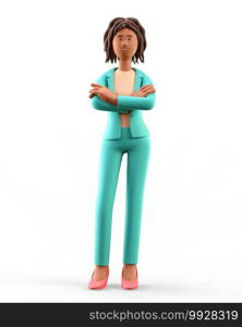 3D illustration of standing african american woman with arms crossed. Portrait of cartoon smiling elegant businesswoman in green suit, isolated on white background.