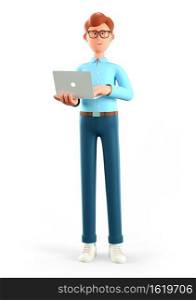 3D illustration of standing happy man holding laptop. Cute cartoon smiling businessman in full length using computer, isolated on white background. Communication, office workplace concept.