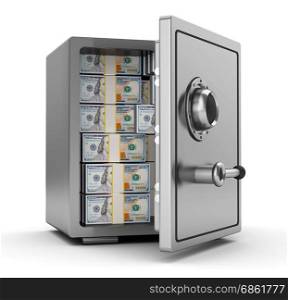 3d illustration of steel safe full of dollars