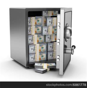 3d illustration of steel safe full of money. safe with money