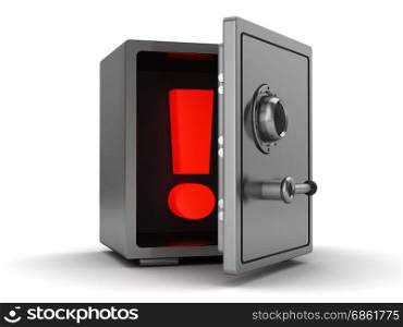 3d illustration of steel safe with exclamation mark, alert system concept