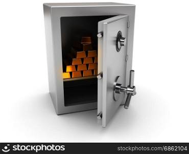 3d illustration of steel safe with golden bricks inside