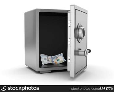 3d illustration of steel safe with last single banknote