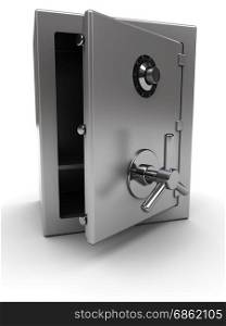 3d illustration of steel safe with opened door, over white background