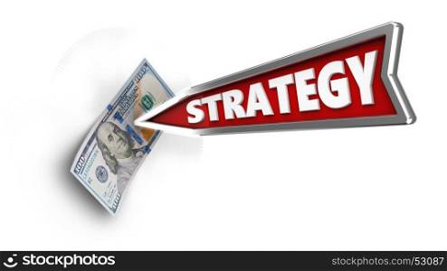 3d illustration of strategy arrow with 100 dollars over white background