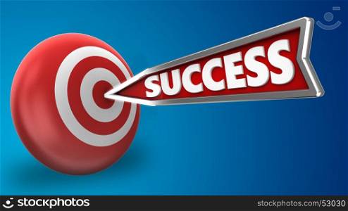 3d illustration of success arrow with target sphere over blue background