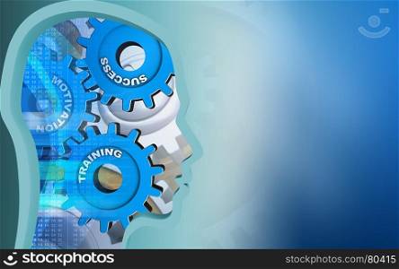 3d illustration of success system over blue background with gears. 3d head profile