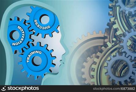 3d illustration of success system over blue background with gears system. 3d gears system