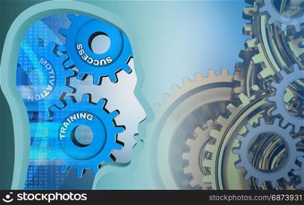 3d illustration of success system over blue background with gears system. 3d head profile