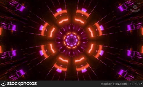 3D illustration of symmetric pattern of bright glowing lights in motion as kaleidoscope background. Glowing symmetric rays in 3D illustration