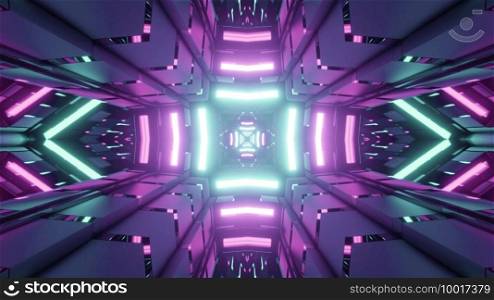 3D illustration of symmetric skyscrapers reflecting bright neon illumination of night city as abstract background. 3D illustration of futuristic city with neon illumination