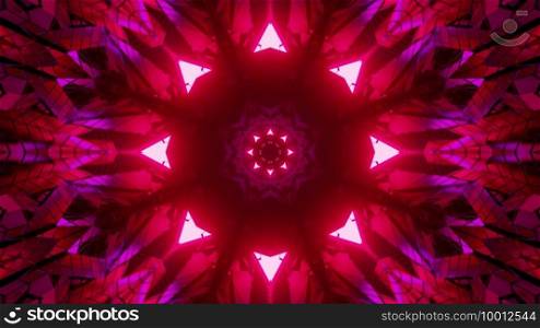 3D illustration of symmetric triangle shaped neon lights decorating kaleidoscope floral pattern as abstract background. 3D illustration of kaleidoscopic floral ornament with symmetric neon lights