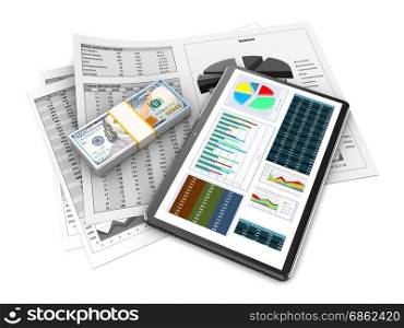 3d illustration of tablet computer, business papers and money stack