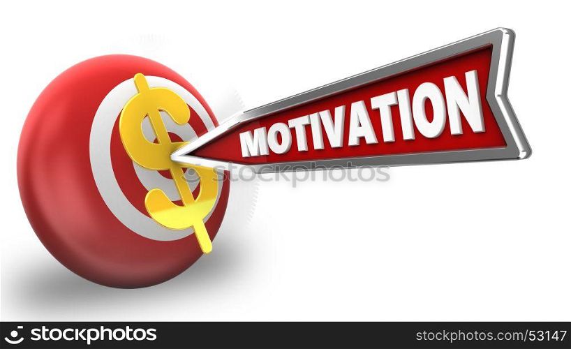 3d illustration of target sphere with motivation arrow and dollar sign over white background