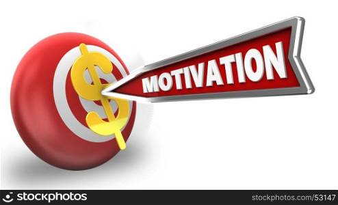 3d illustration of target sphere with motivation arrow and dollar sign over white background