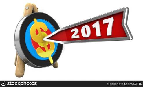 3d illustration of target stand with 2017 year arrow and dollar sign over white background