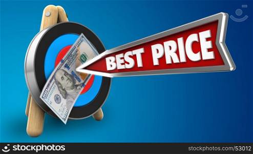 3d illustration of target stand with best price arrow and 100 dollars over blue background