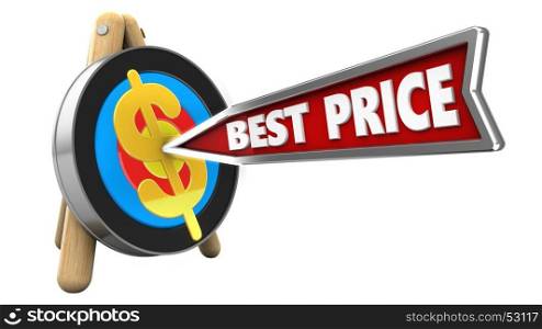 3d illustration of target stand with best price arrow and dollar sign over white background