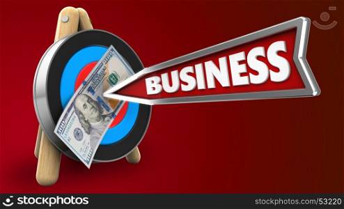 3d illustration of target stand with business arrow and 100 dollars over red background