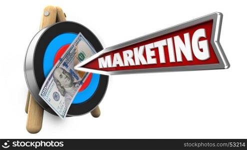 3d illustration of target stand with marketing arrow and 100 dollars over white background