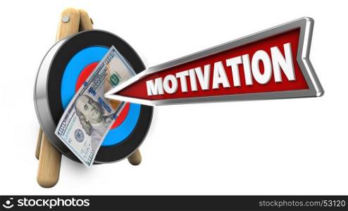3d illustration of target stand with motivation arrow and 100 dollars over white background