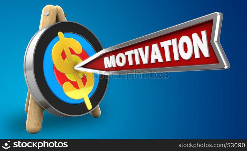 3d illustration of target stand with motivation arrow and dollar sign over blue background