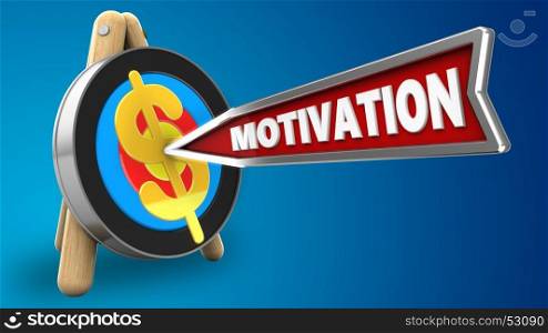 3d illustration of target stand with motivation arrow and dollar sign over blue background