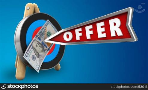3d illustration of target stand with offer arrow and 100 dollars over blue background