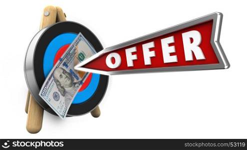3d illustration of target stand with offer arrow and 100 dollars over white background