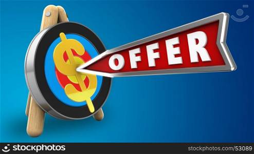 3d illustration of target stand with offer arrow and dollar sign over blue background