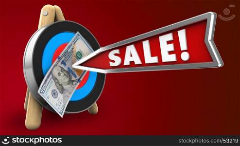 3d illustration of target stand with sale arrow and 100 dollars over red background