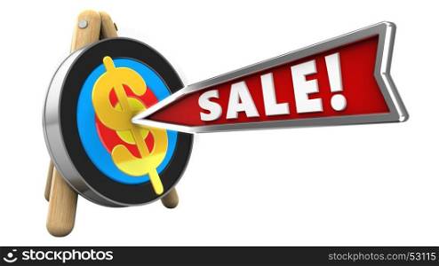 3d illustration of target stand with sale arrow and dollar sign over white background