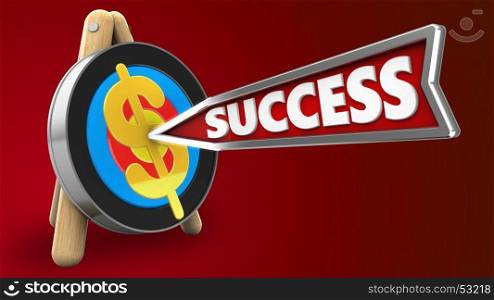3d illustration of target stand with success arrow and dollar sign over red background
