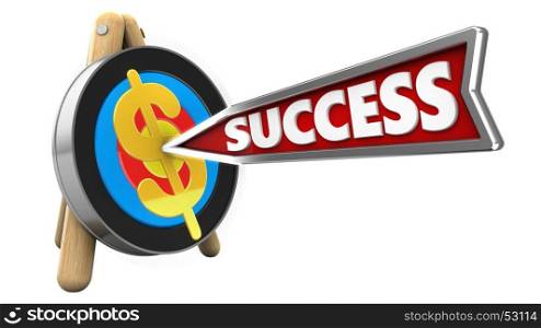 3d illustration of target stand with success arrow and dollar sign over white background