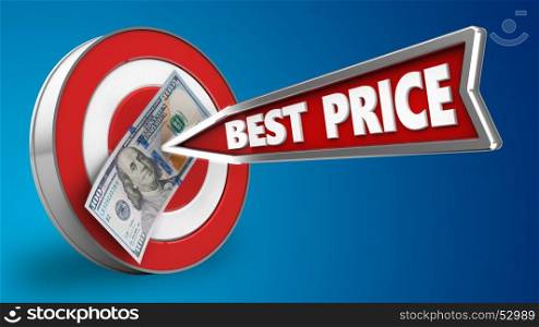 3d illustration of target with best price arrow and 100 dollars over blue background